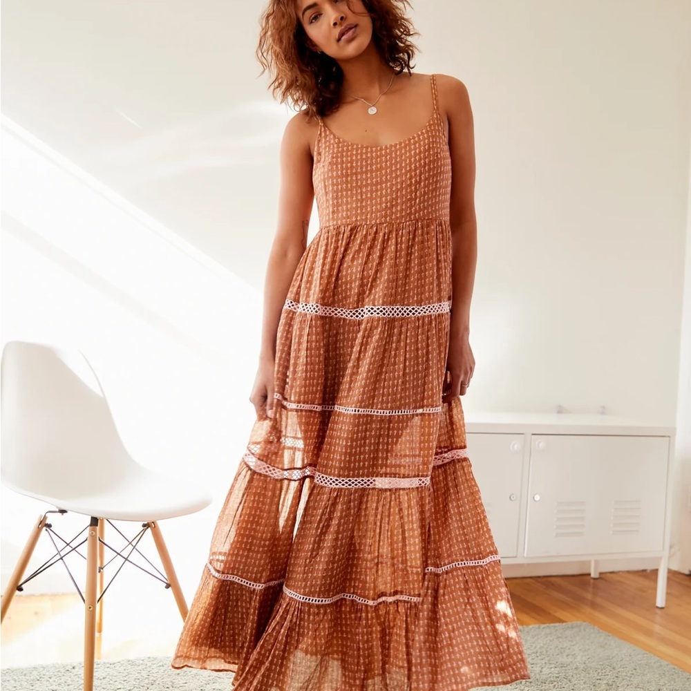 Free People Midnight Dance Maxi Slip Dress Lace Metallic Pink Brown